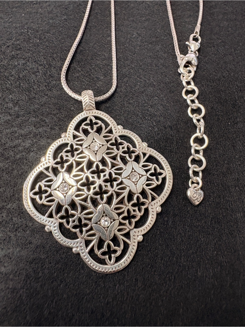 Brighton Silver Filigree Pendant Necklace with rhinestones 34”